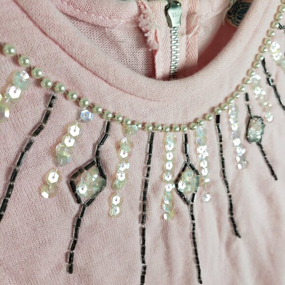 Vintage Union Label 60s 70s Knit Blouse Top Beaded Pastel Pink Half Sleeve M/L - Picture 2 of 11